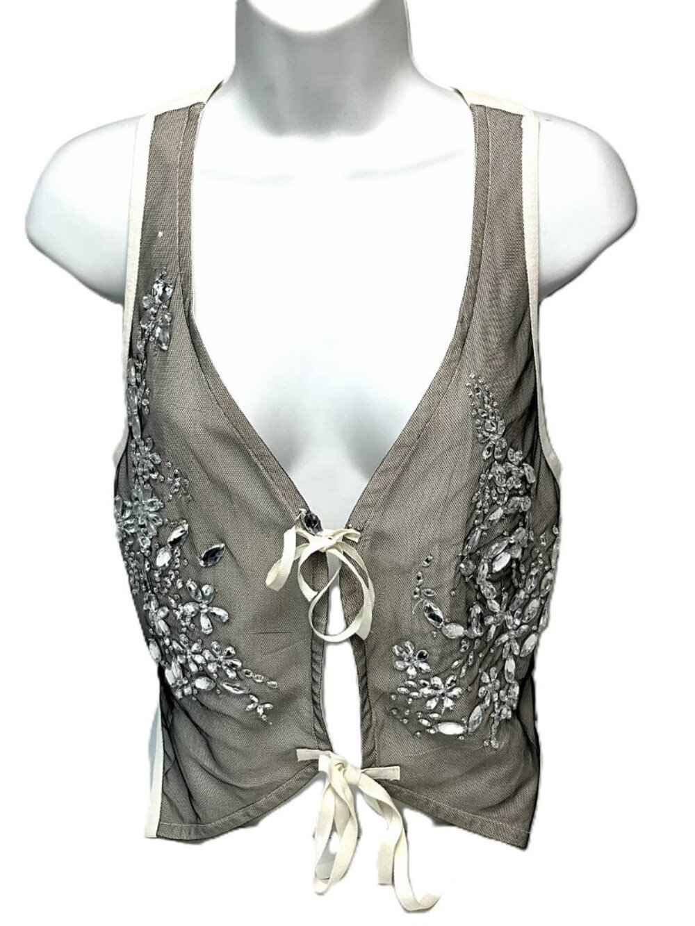 HIGH USE Italy Sheer Vest Crystal Beaded Floral Embroidery Tie Front Gray IT46